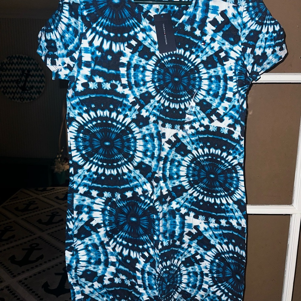 New Tommy Hilfiger Blue Tie-Dye V-Neck Shirt Dress